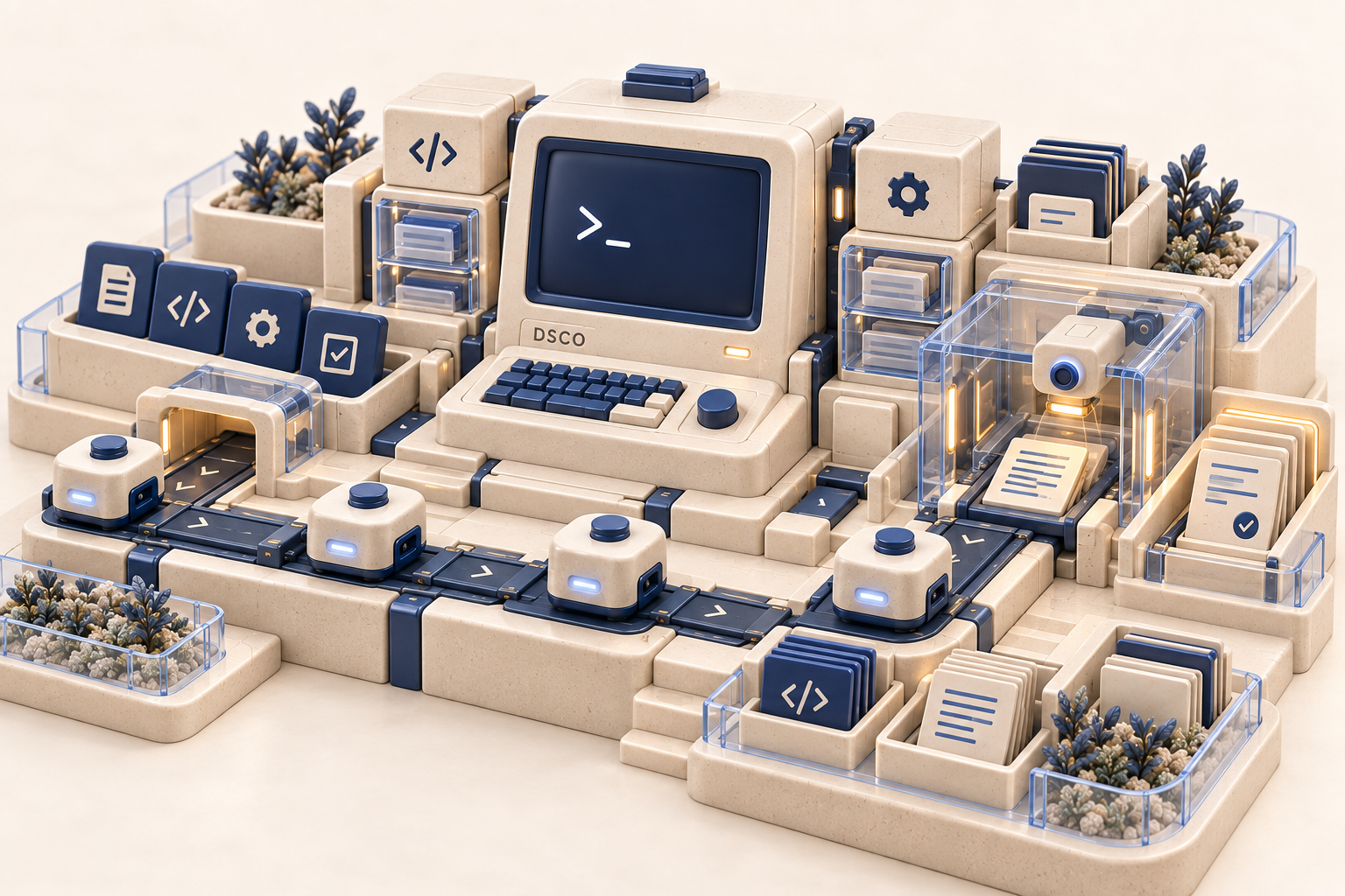 A cream-and-navy DSCO terminal with a command prompt, glass memory drawers, code cards, and four coordinated worker pods.