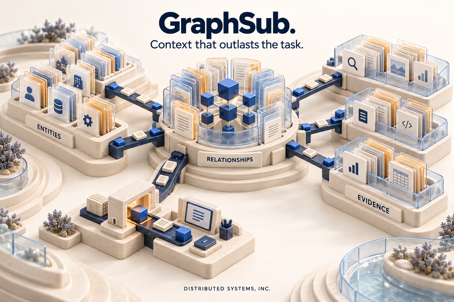 Navy graph nodes suspended in glass connect documents, entities and source evidence across a cream architectural knowledge system.