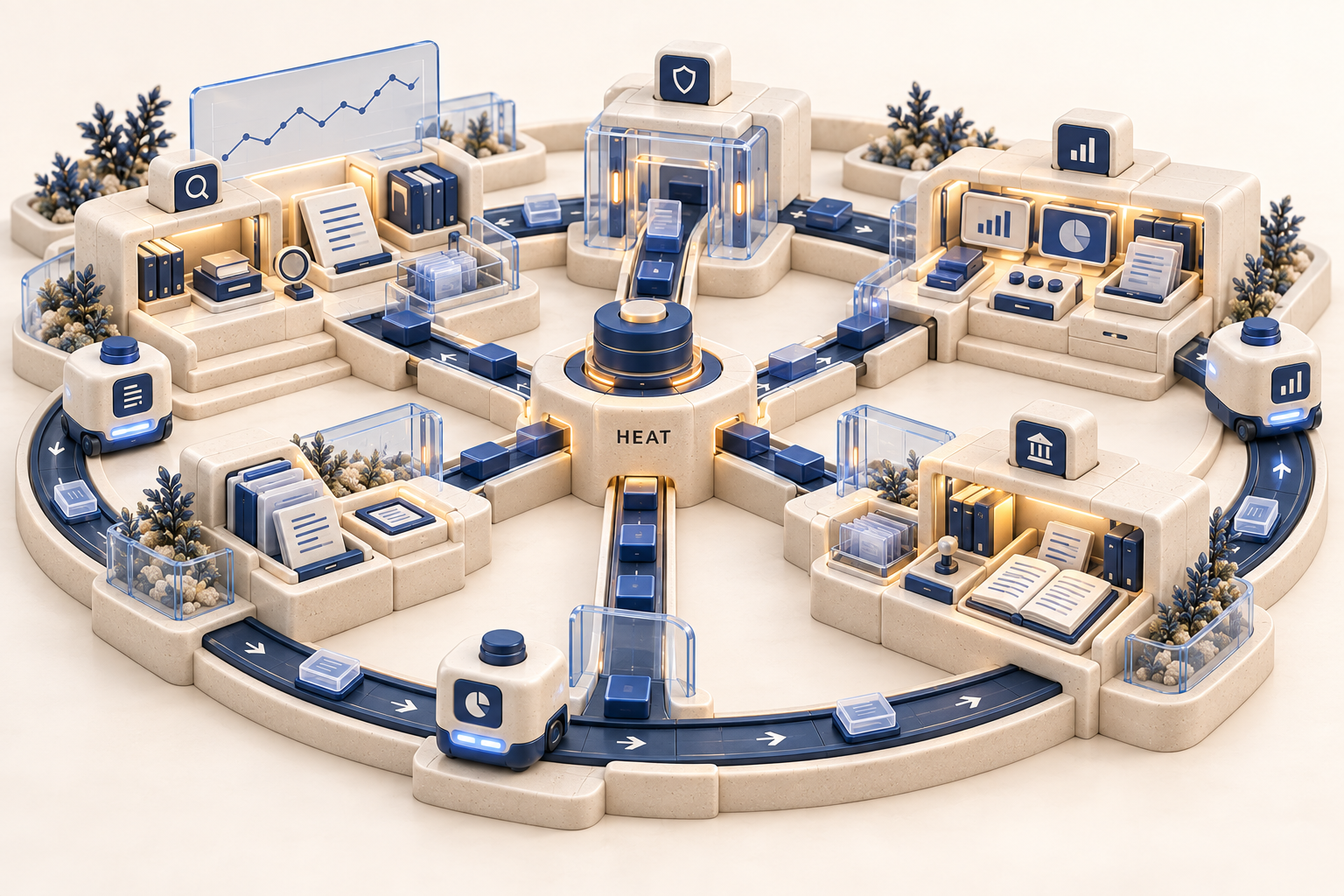 A cream-and-navy HEAT research organization with a central allocation hub, glass risk gate, evidence desks, ledger station and circulating worker pods.