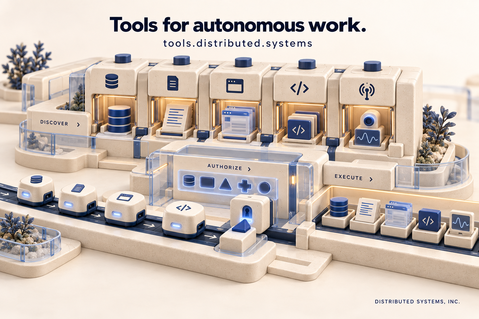 A cream ceramic tool factory with navy database, document, browser, code and sensor stations connected through a glass authorization gate.